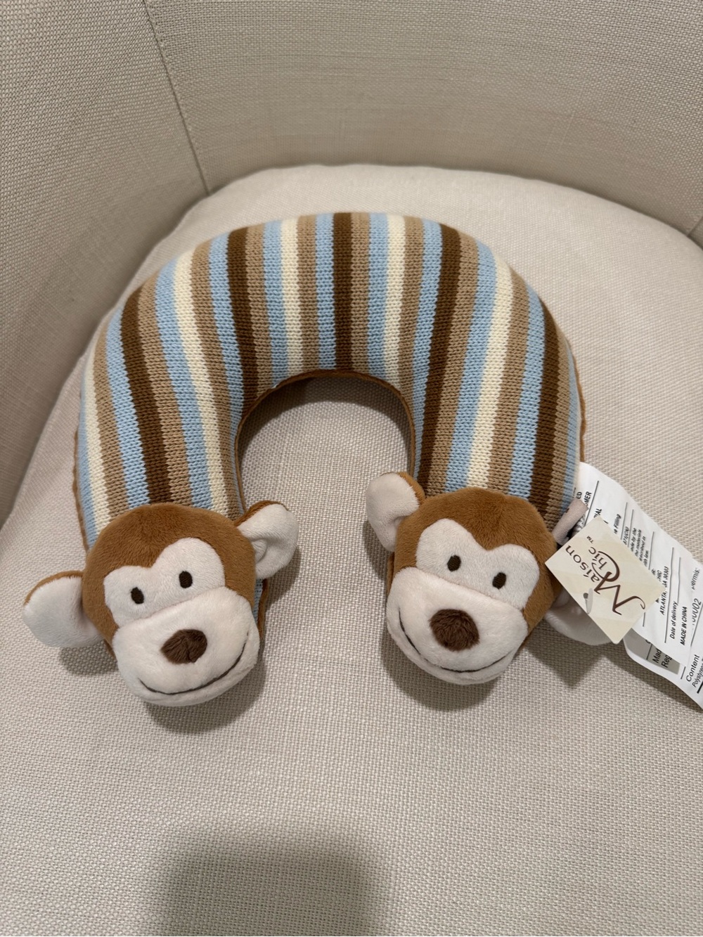 Striped Plush Monkey U-Shape Neck Pillow for Kids - Brown & Light Blue